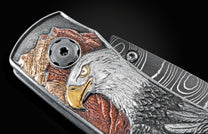  and tombac inlays. The blade is hand-forged Damascus steel and the button lock and the thumb stud are set with sp