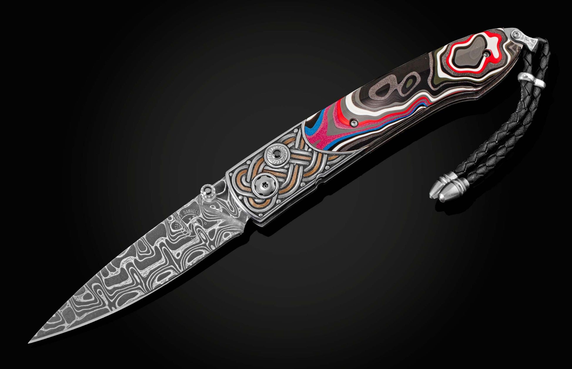  aka Detroit Agate. The blade is hand-forged damascus steel and the button lock and the thumb stud are set with spinel gemstones.