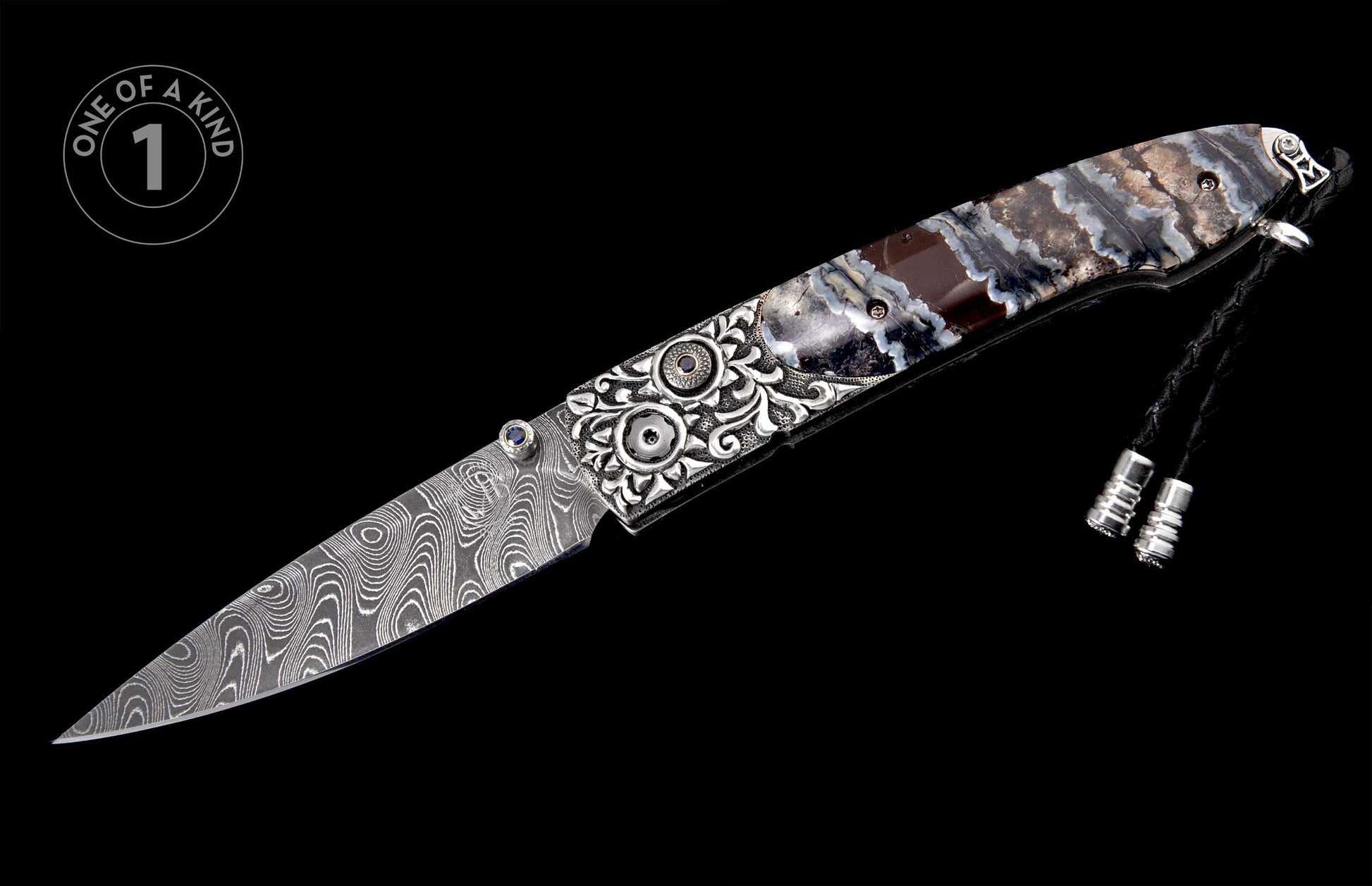 One-of-a-kind folding knife with a Damascus blade, ornate agate handle, intricate silver detailing, and blue gemstone accents.