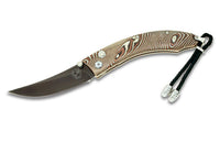 Folding knife with a dark blade, decorative brown and cream patterned handle, and black braided lanyard.