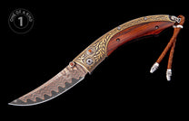 Ornate folding knife with a dark wood handle, gold scrollwork, amber gems, a patterned Damascus steel blade, and a braided leather lanyard.