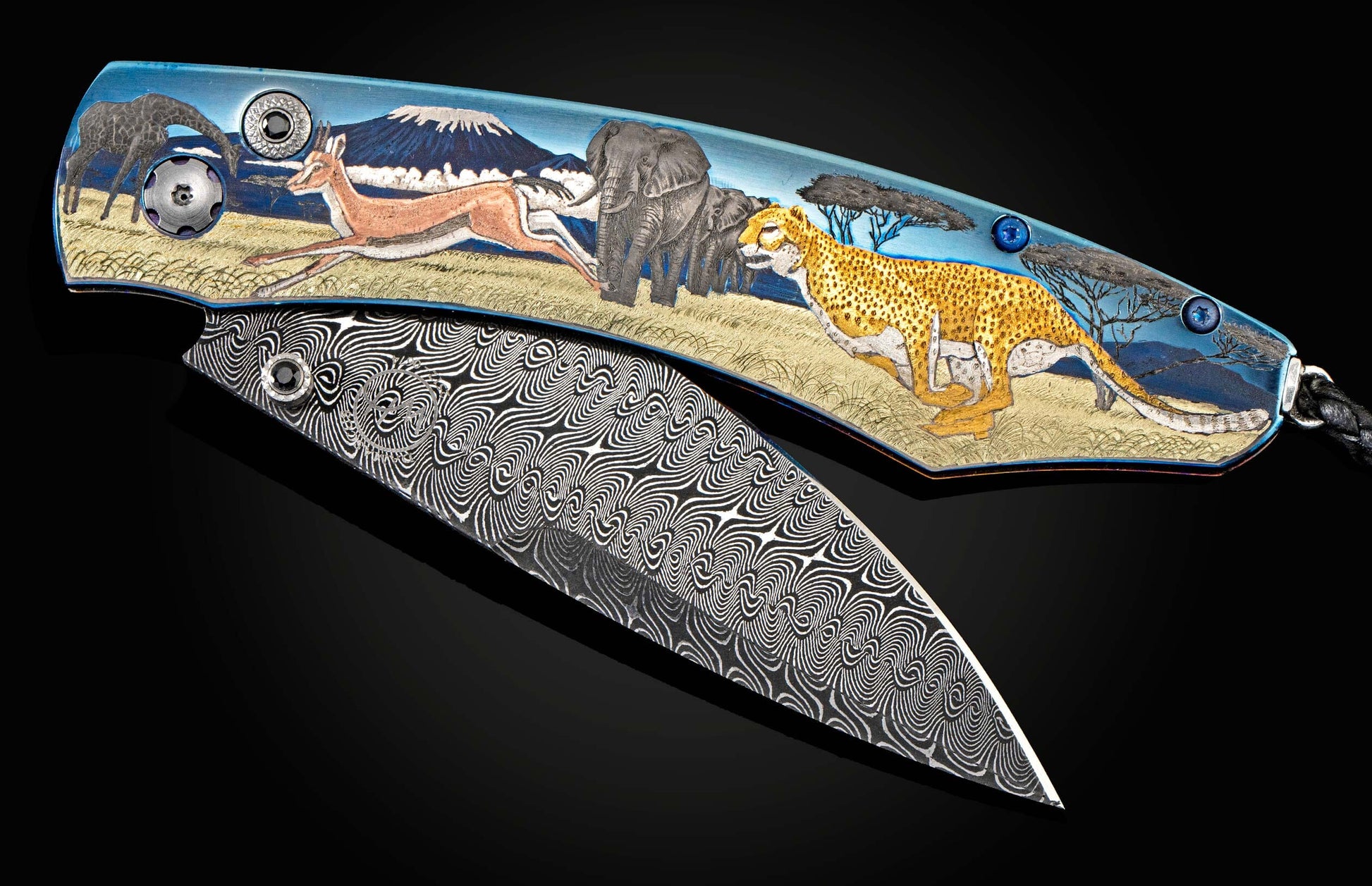 Handcrafted William Henry knife with anodized and hand-engraved titanium frame with gold and fine silver inlays featuring African wildlife by Matyas Balazs, spinel gemstones, and a hand-forged damascus steel blade by Maximilano Pescie