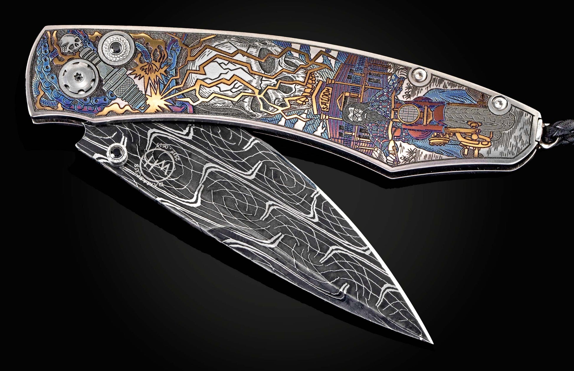 Handcrafted William Henry custom knife with anodized titanium frame with color laser engraving, hand-forged Damascus steel blade, and spinel gemstones.