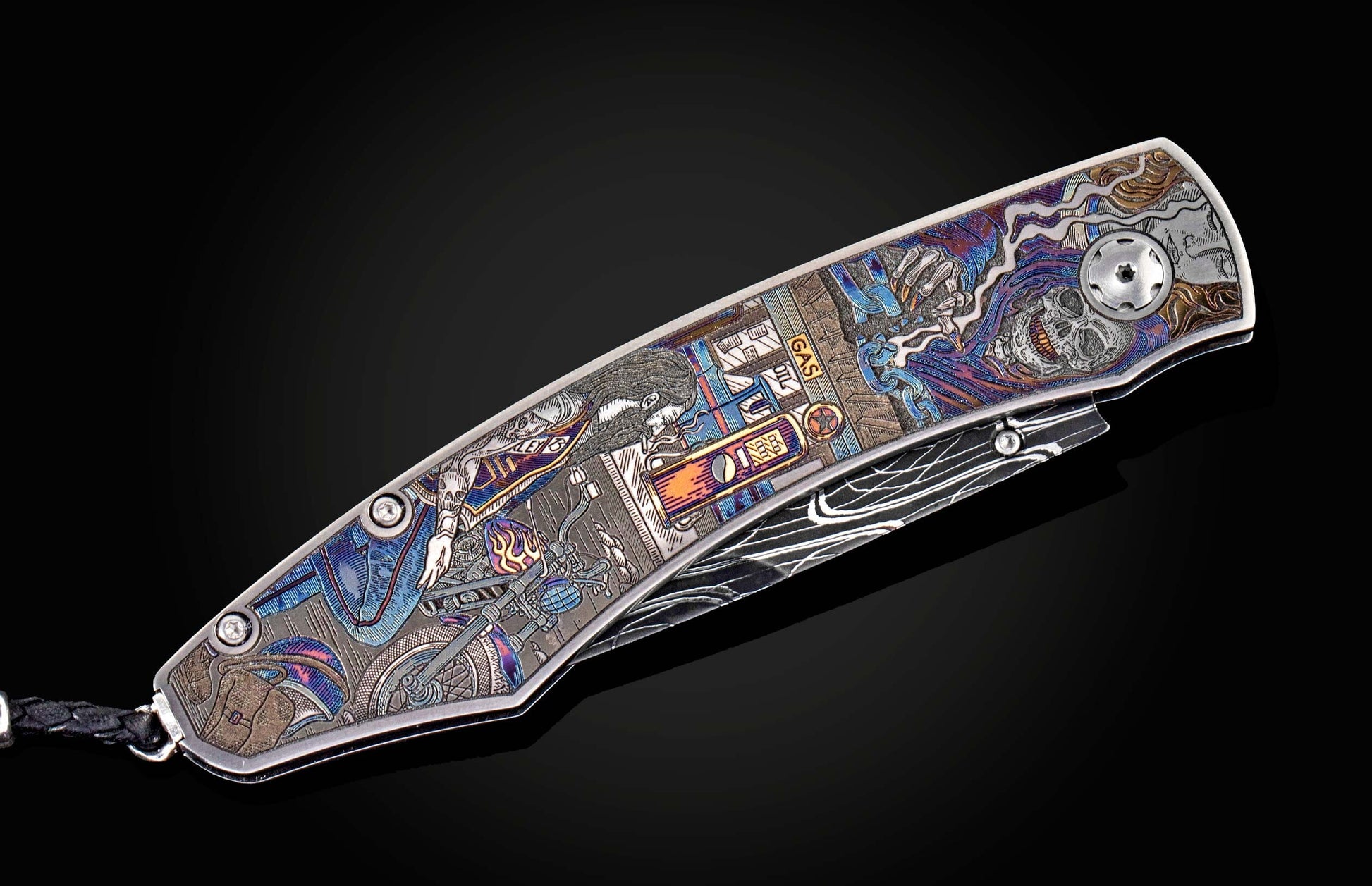 Handcrafted William Henry custom knife with anodized titanium frame with color laser engraving