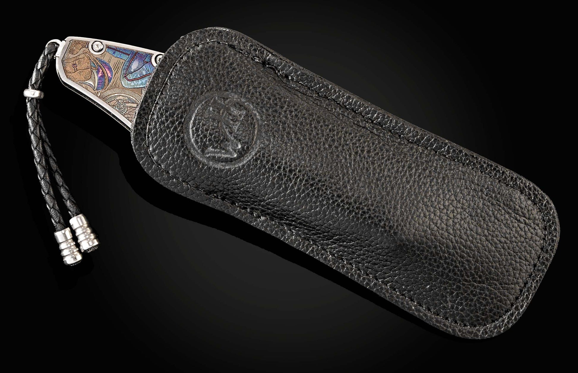 Handcrafted William Henry custom knife with anodized titanium frame with color laser engraving