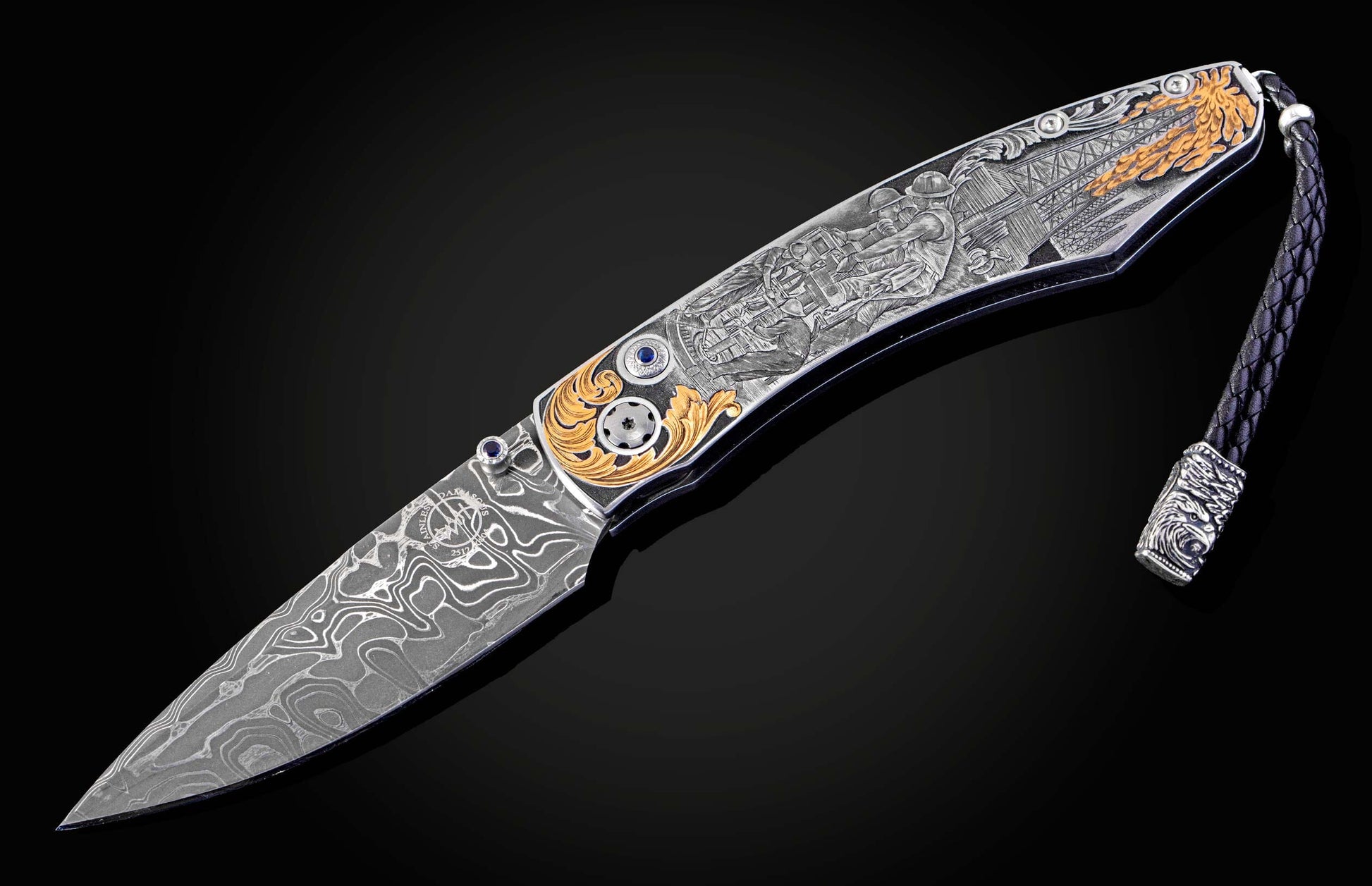  with sapphire gemstones and a hand-forged damascus steel blade  by Chad Nichols
