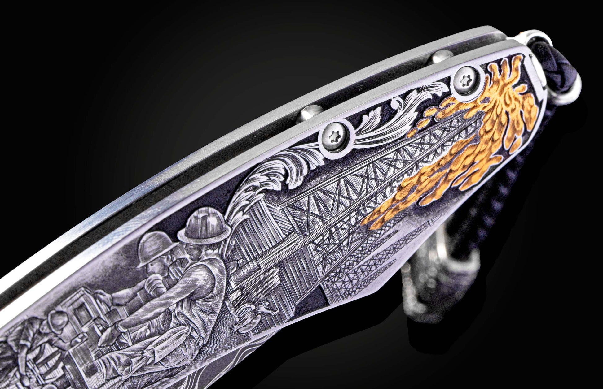  hand-engraved depicting oil rig workers with 24K gold inlays by Bottega Incisioni in Italy