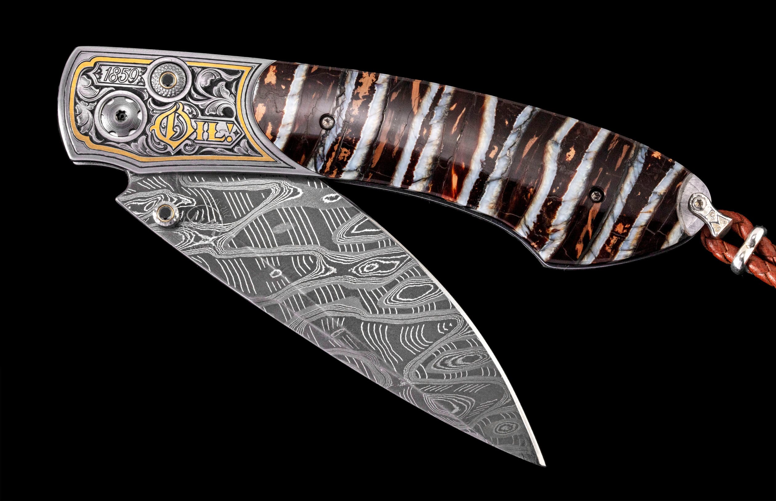 Folding knife with a Damascus blade, striped dark brown, white, and copper handle, ornate silver and gold engraved bolster, and braided leather lanyard.