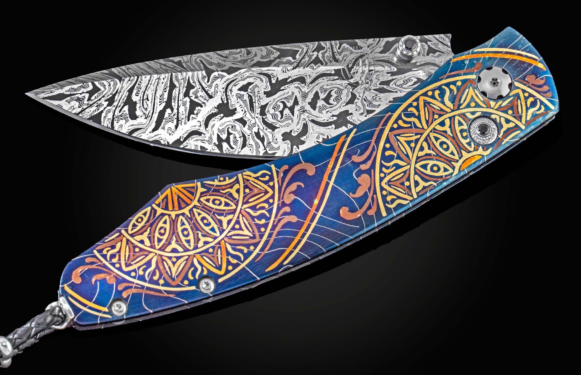Handcrafted William Henry pocket knife features hand-forged and anodized blue damascus frame by Chad Nichols, with 24K and 22K yellow gold, 18K green gold, and copper by Tyler Prince, spinel gemstones. and a hand-forged damscus steel blade by Luke Mattern