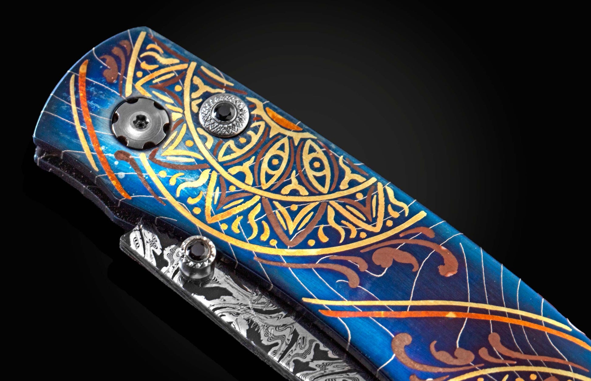  spinel gemstones. and a hand-forged damscus steel blade by Luke Mattern