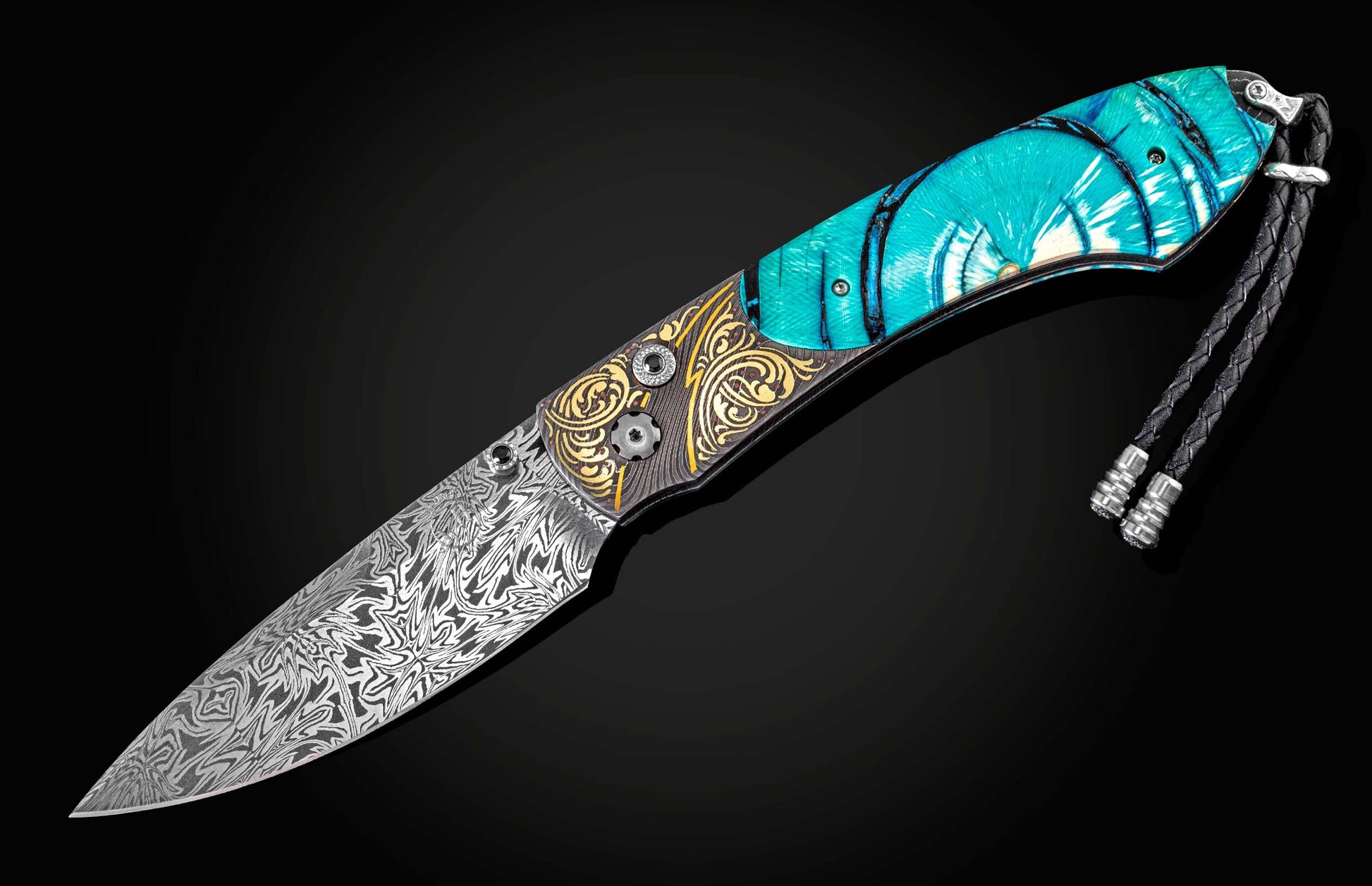  spinel gemstones and a hand-forged damascus steel blade by Luke Mattern