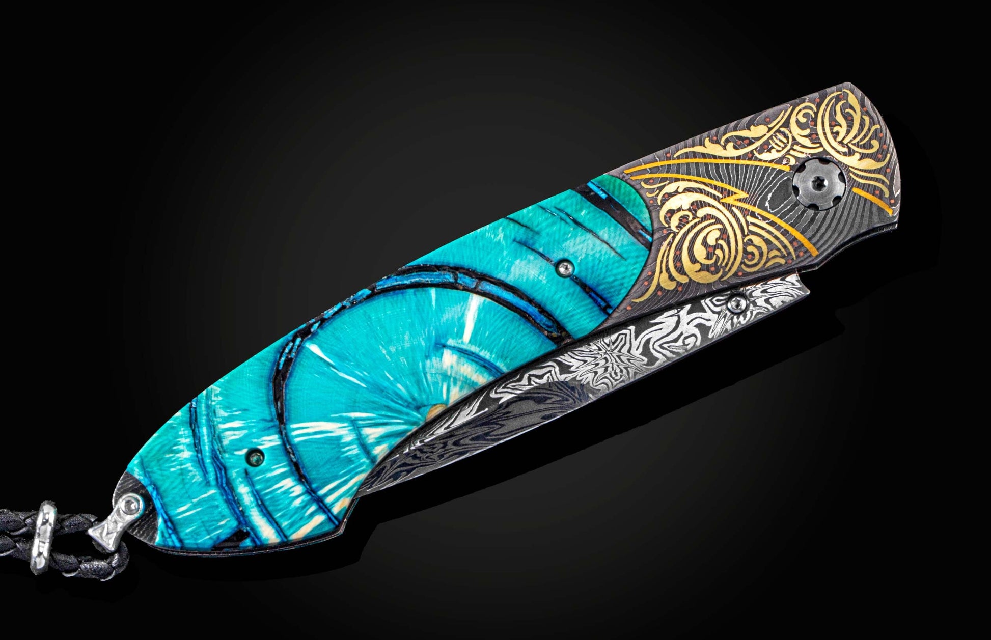 Handcrafted knife from William Henry featuring a hand-forged damascus frame by Chad Nichols with copper & gold inlays by Tyler Prince