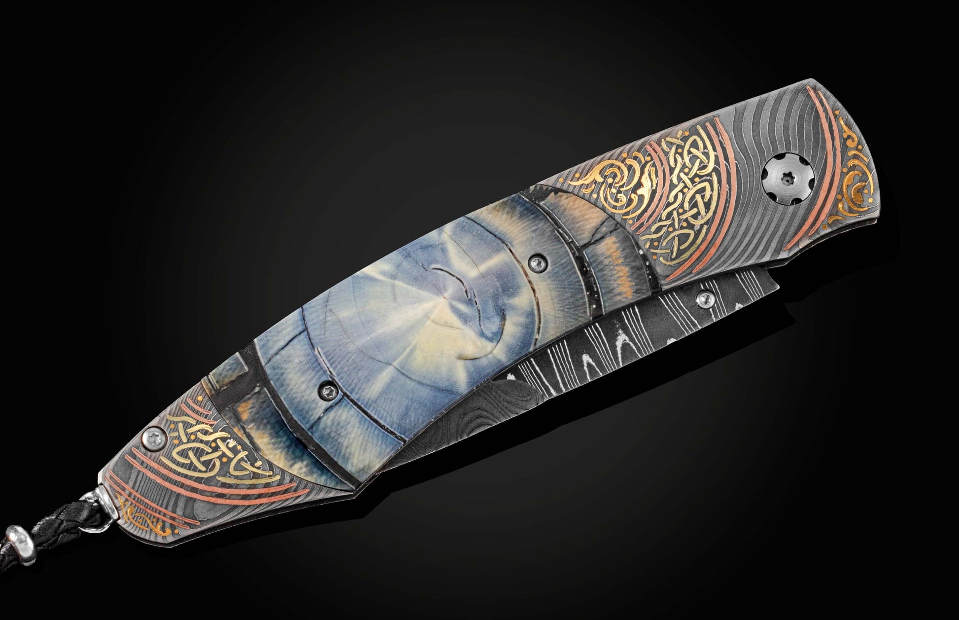  inlaid with fossil Woolly Mammoth tusk. The blade is hand forged damascus steel which 