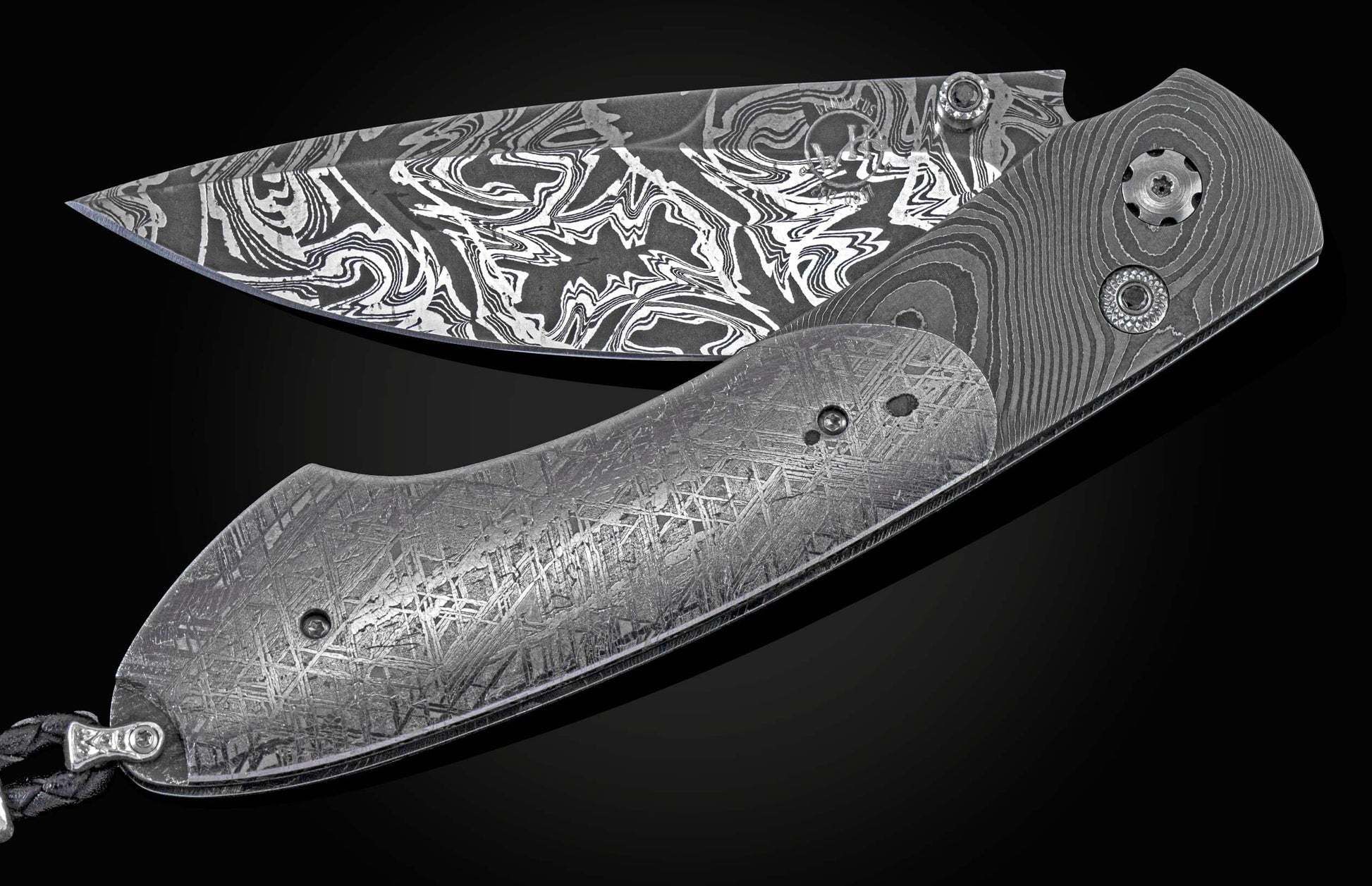 Handcrafted pocket knife from William Henry with a frame of hand-forged 'Twist' Damascus by Chad Nichols, inlaid with Gibeon meteorite scales, a hand forged Damascus steel blade by Luke Mattern, and set with black diamonds.