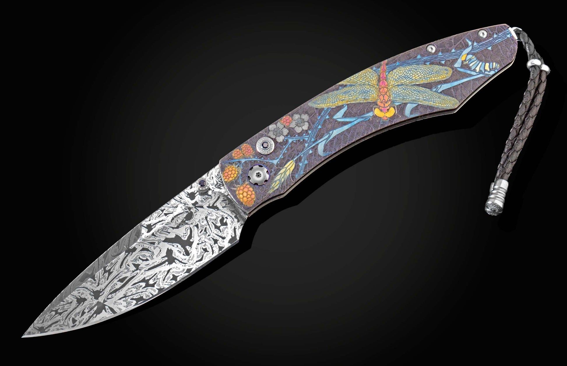 Custom William Henry knife with anodized titanium frame with hand and laser engraving and 24K gold inlays by Tom Sterling