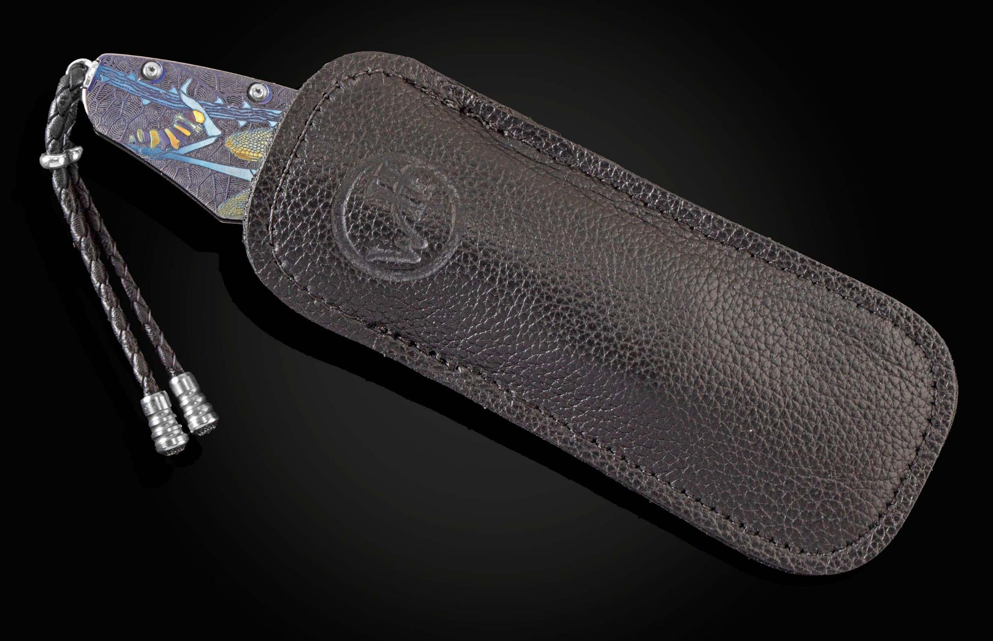  set with sapphires and a hand-forged damascus steel blade by Luke Mattern