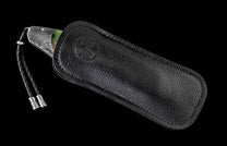 B12 Eagle II knife with patterned blade and green accent, partially in a black pebbled leather sheath with an embossed logo and braided lanyard with silver tips.