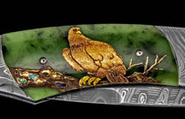 Knife with green jade handle featuring a golden eagle inlay, colorful gems, and a Damascus steel blade.
