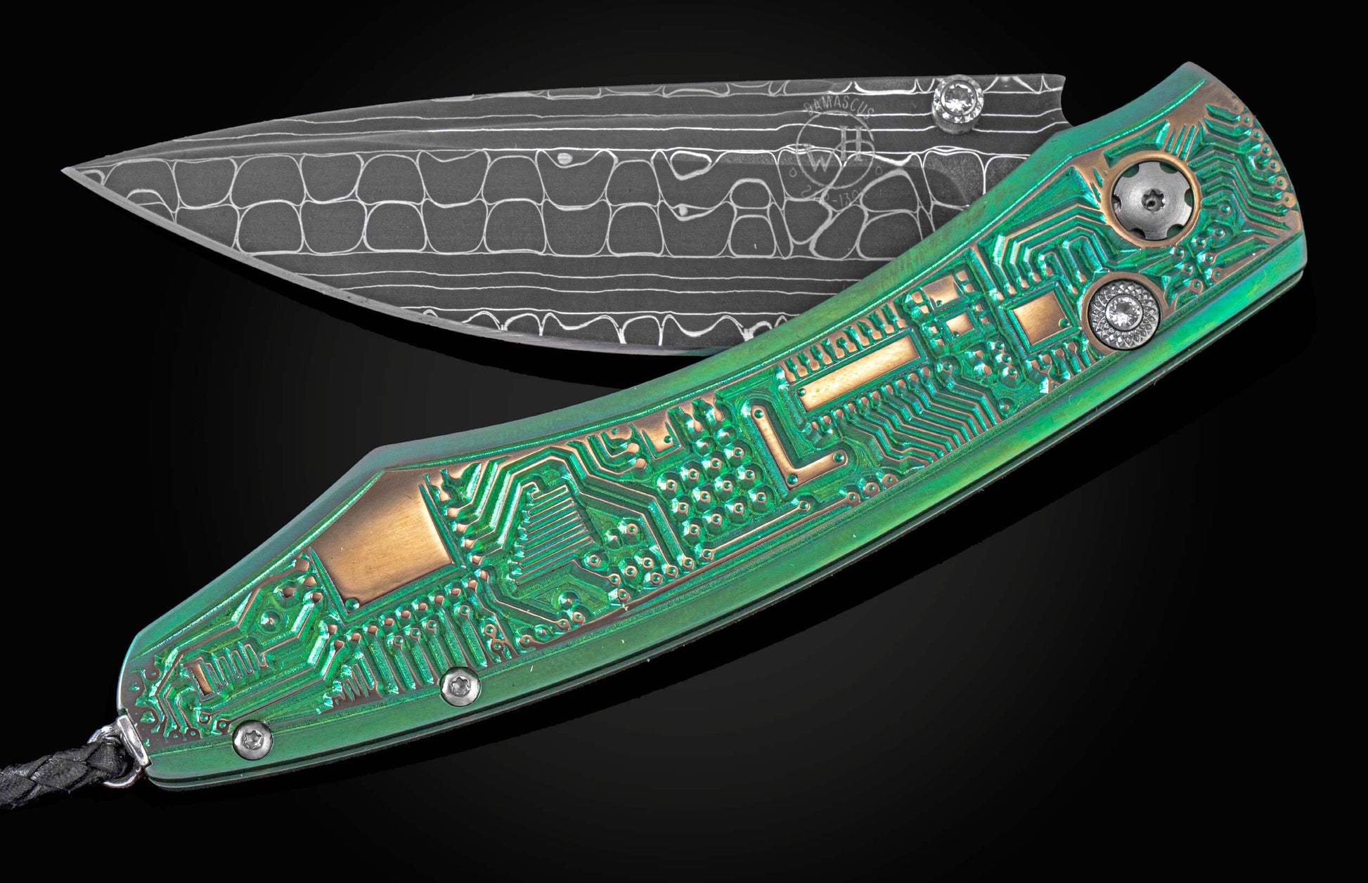 Handcrafted William Henry knife featuring a frame designed to look like a circuit board, gemstones, and a hand forged Damascus steel blade.