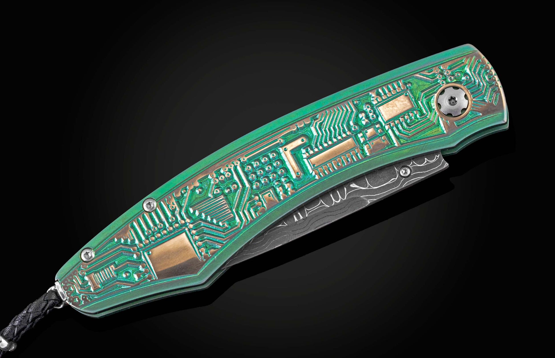 Handcrafted William Henry knife featuring a frame designed to look like a circuit board