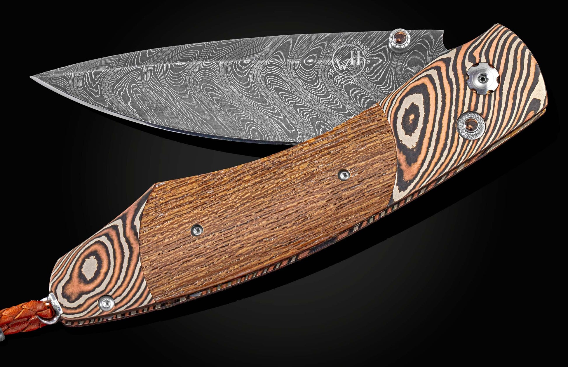 Handcrafted William Henry knife features a frame in hand-forged mokume gane by Mike Sakmar, inlaid with teak wood from the USS California battleship, smoky quartz gemstones, and hand forged damascus steel blade by Chad Nichols