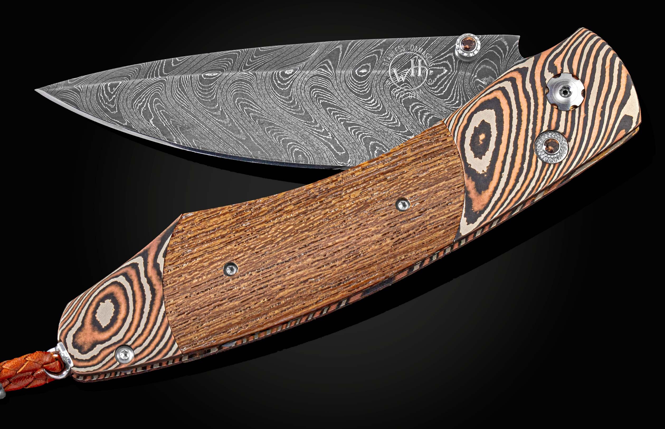 Handcrafted William Henry knife features a frame in hand-forged mokume gane by Mike Sakmar, inlaid with teak wood from the USS California battleship, smoky quartz gemstones, and hand forged damascus steel blade by Chad Nichols