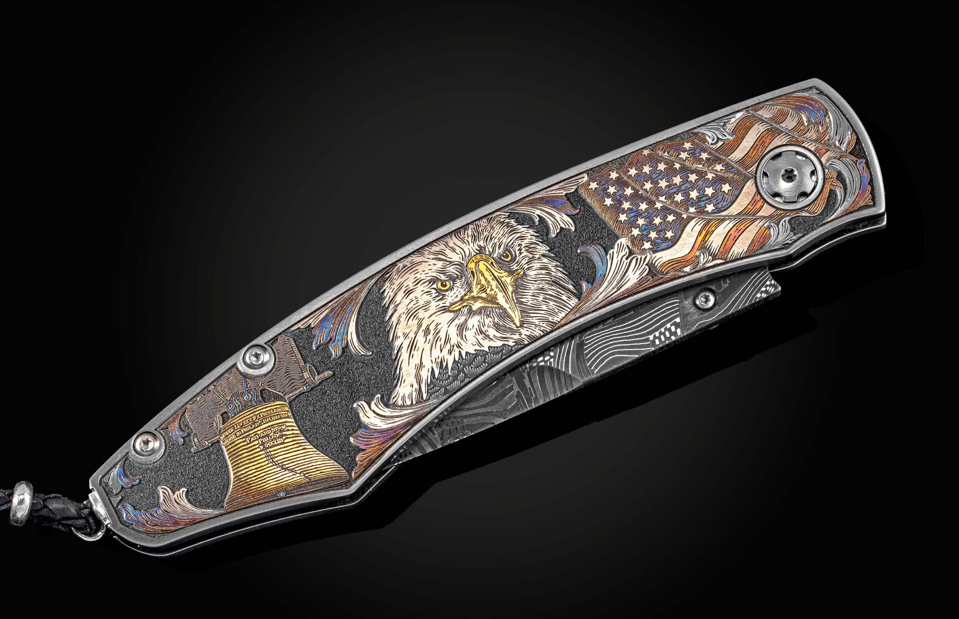 Handcrafted William Henry knife features color laser and hand-engraving work by Bottega Incisioni