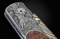 Handcrafted William Henry knife  withhand-engraved bolster with copper and 24K gold inlays by Howard Thomas