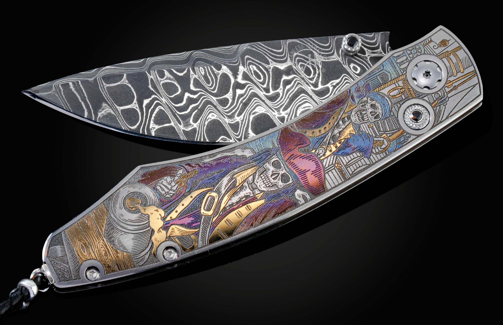 Handcrafted pocket knife from William Henry features beautiful color laser engraving of pirate scenes by Bottega Incisioni in Italy and set with spinel gemstones. The blade is damascus  steel.