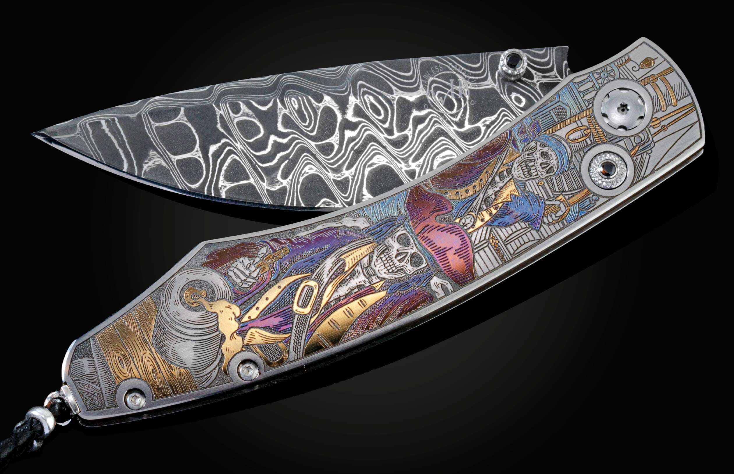 Handcrafted pocket knife from William Henry features beautiful color laser engraving of pirate scenes by Bottega Incisioni in Italy and set with spinel gemstones. The blade is damascus  steel.
