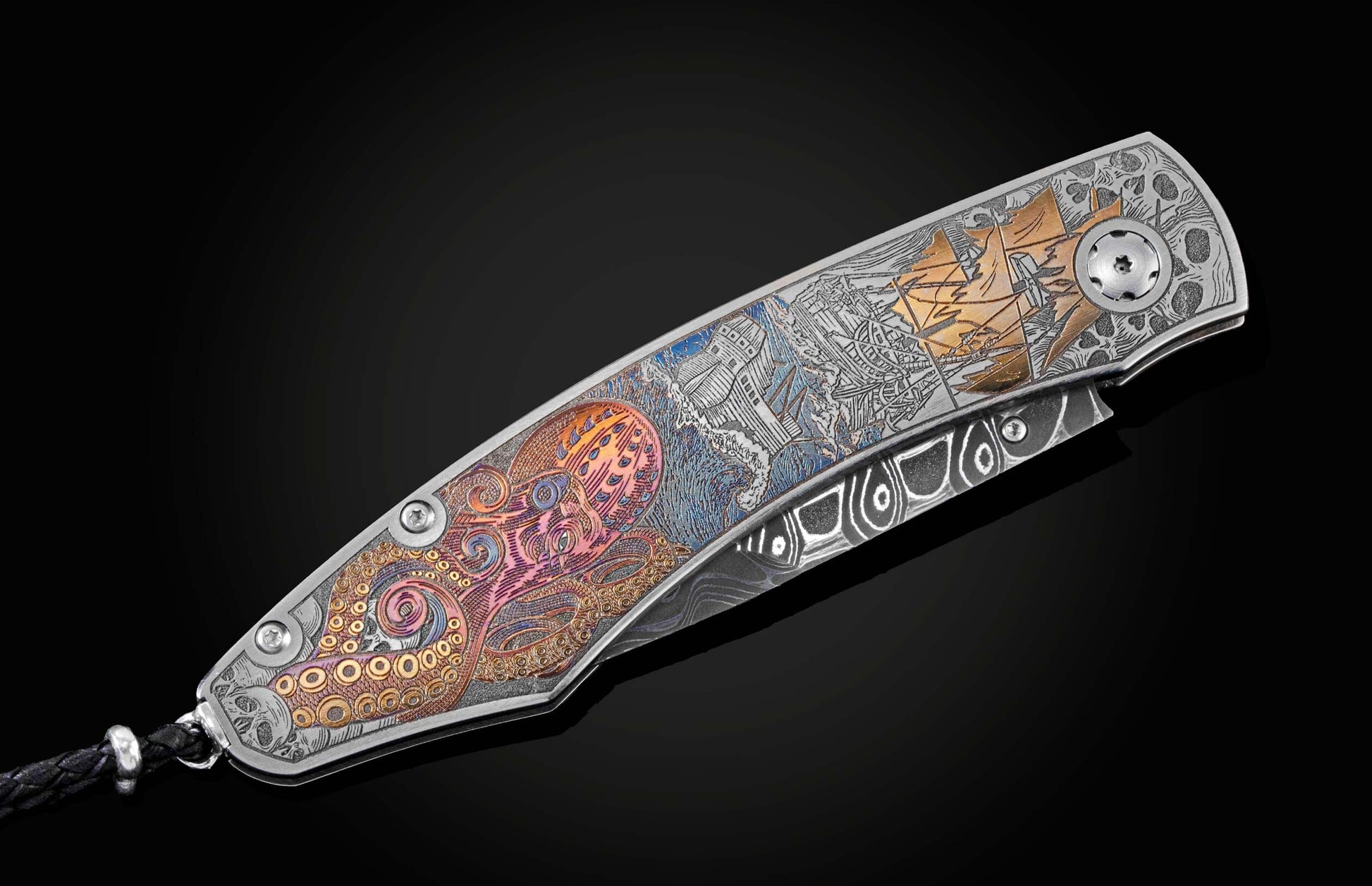 Handcrafted pocket knife from William Henry features beautiful color laser engraving of pirate scenes by Bottega Incisioni in Italy and set with spinel gemstones. The blade is damascus  steel.