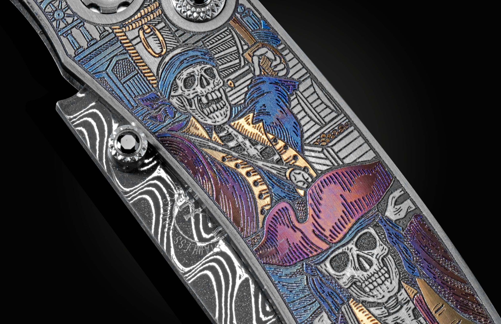 Handcrafted pocket knife from William Henry features beautiful color laser engraving of pirate scenes by Bottega Incisioni in Italy and set with spinel gemstones. The blade is damascus  steel.