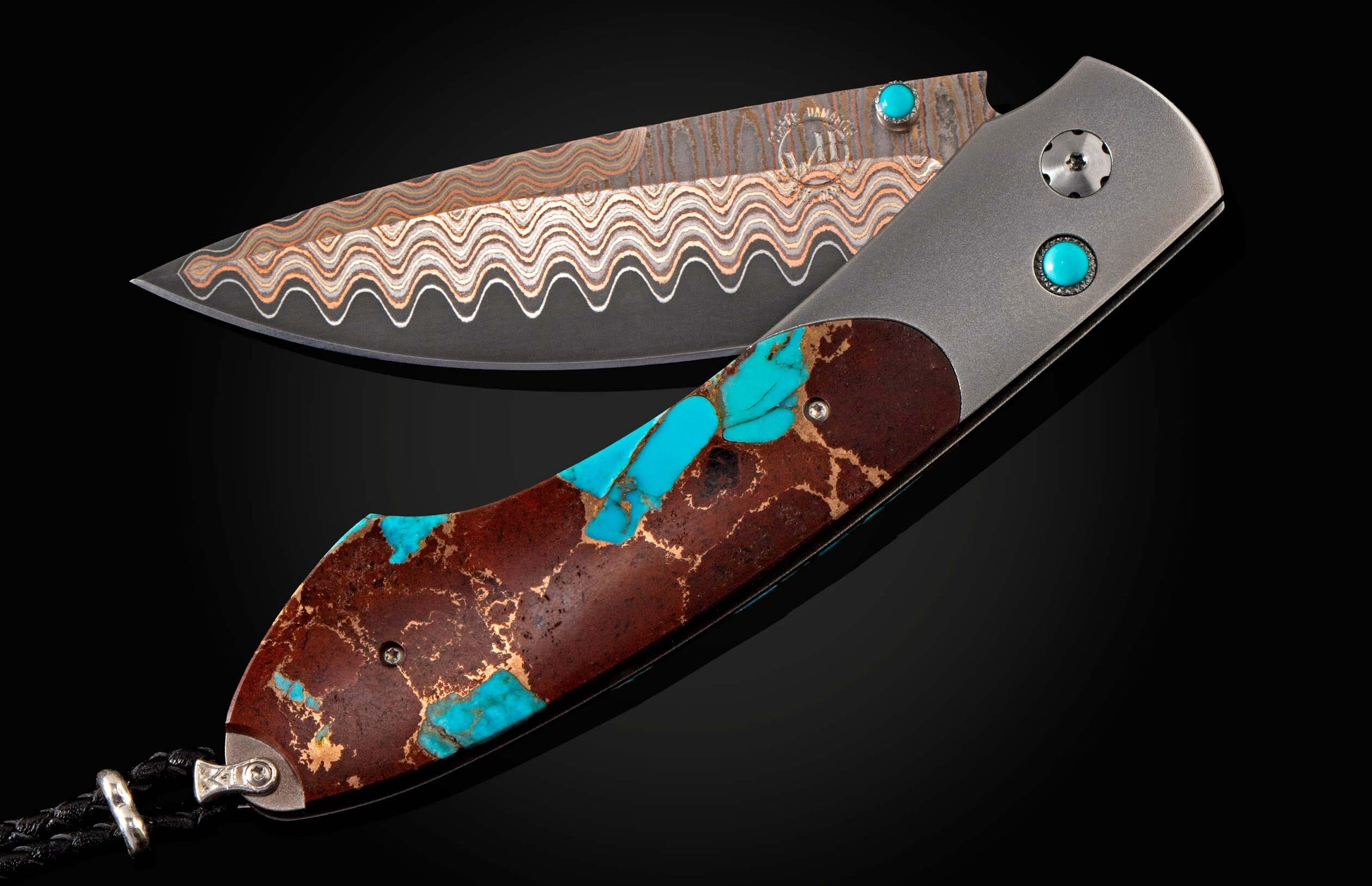The Hot Lava pocketknife with turquoise, lava and bronze, and Copper Wave blade