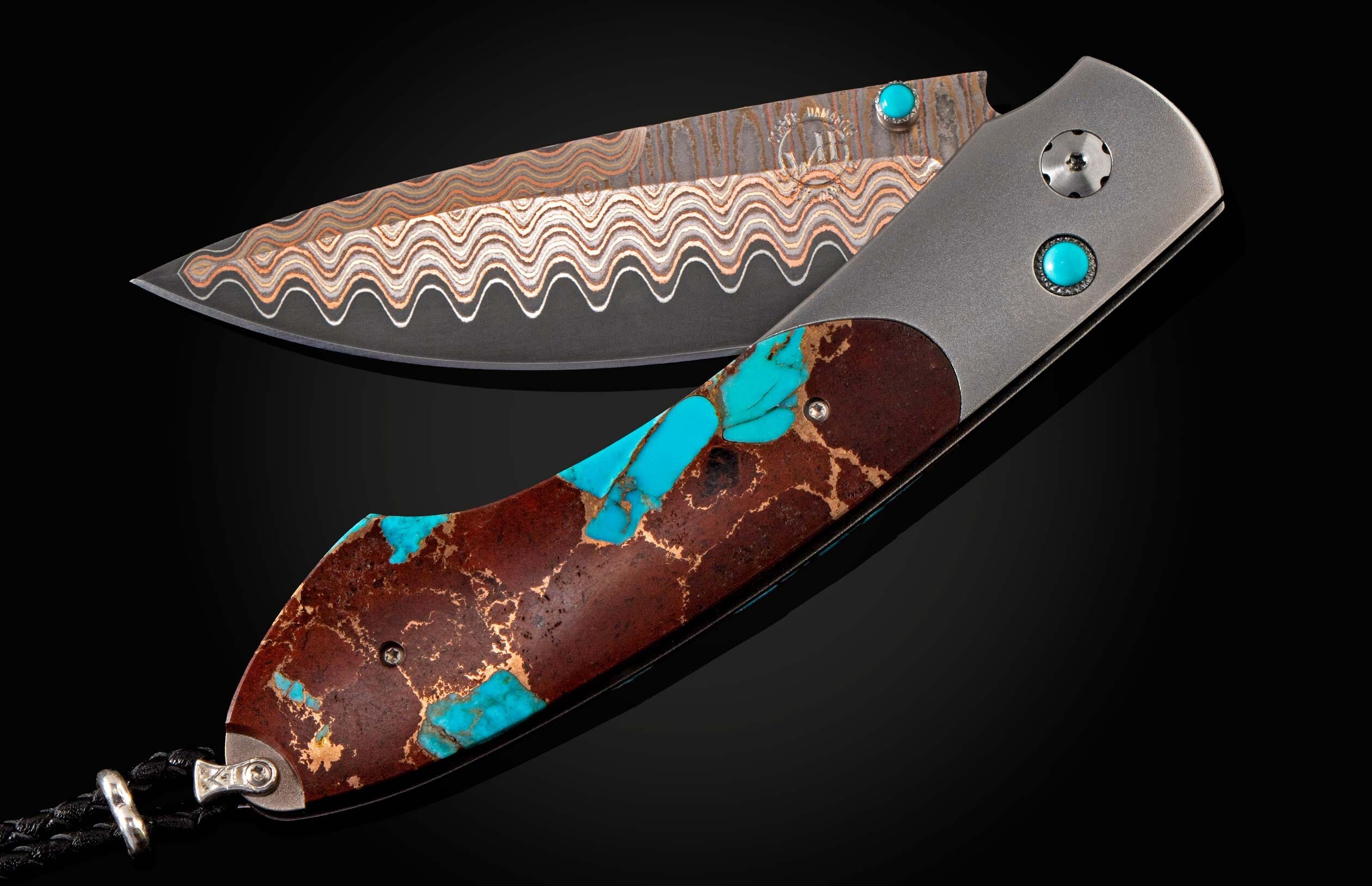 The Hot Lava pocketknife with turquoise, lava and bronze, and Copper Wave blade