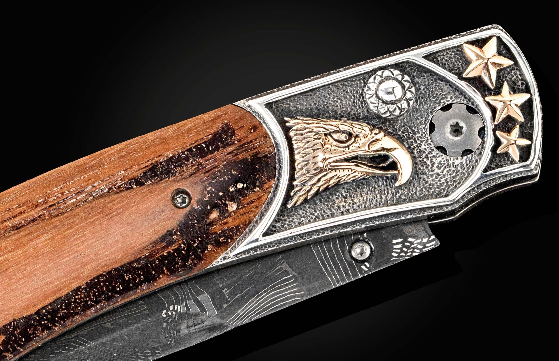 Custom knife from William Henry with hand-carved sterling silver & gold eagle by Lee Downey