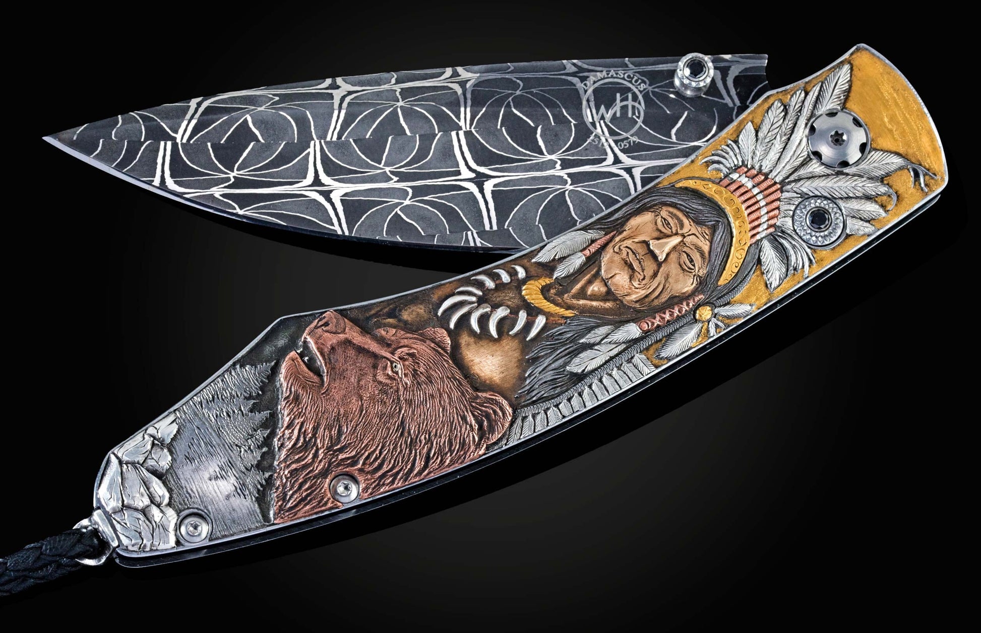 Custom William Henry pocket knife featuring hand-engraved native American scenes in copper, silver, tombac and 24K & 18K gold inlays by Dusan Hronec, with black diamonds, and a hand-forged damascus steel blade by Robert Eggerling