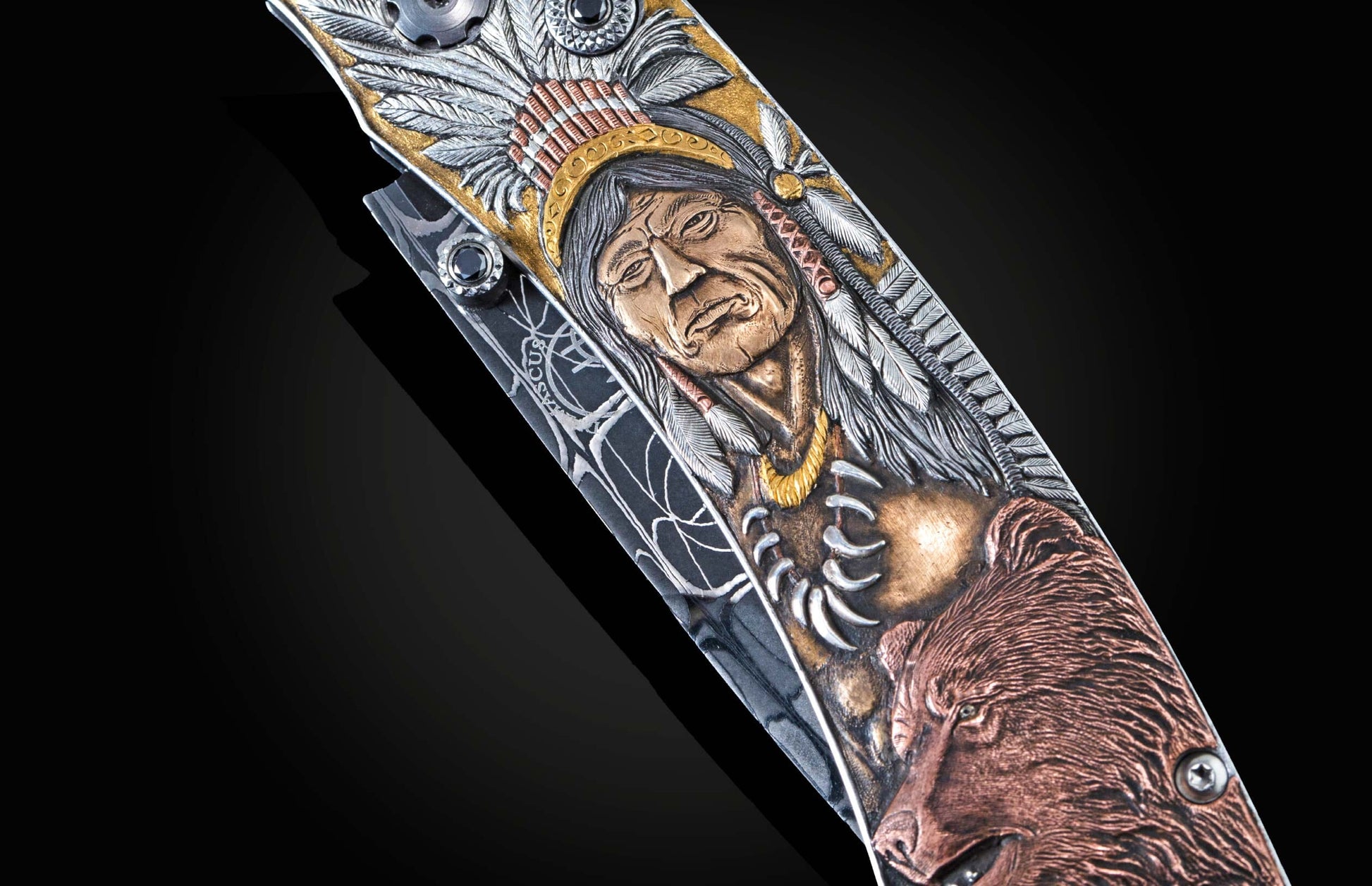 Custom William Henry pocket knife featuring hand-engraved native American scenes in copper