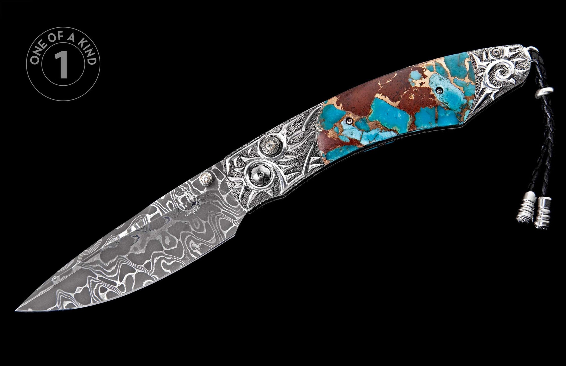 Damascus steel knife with an ornate silver handle featuring turquoise and reddish-brown stone inlay and a black leather lanyard.