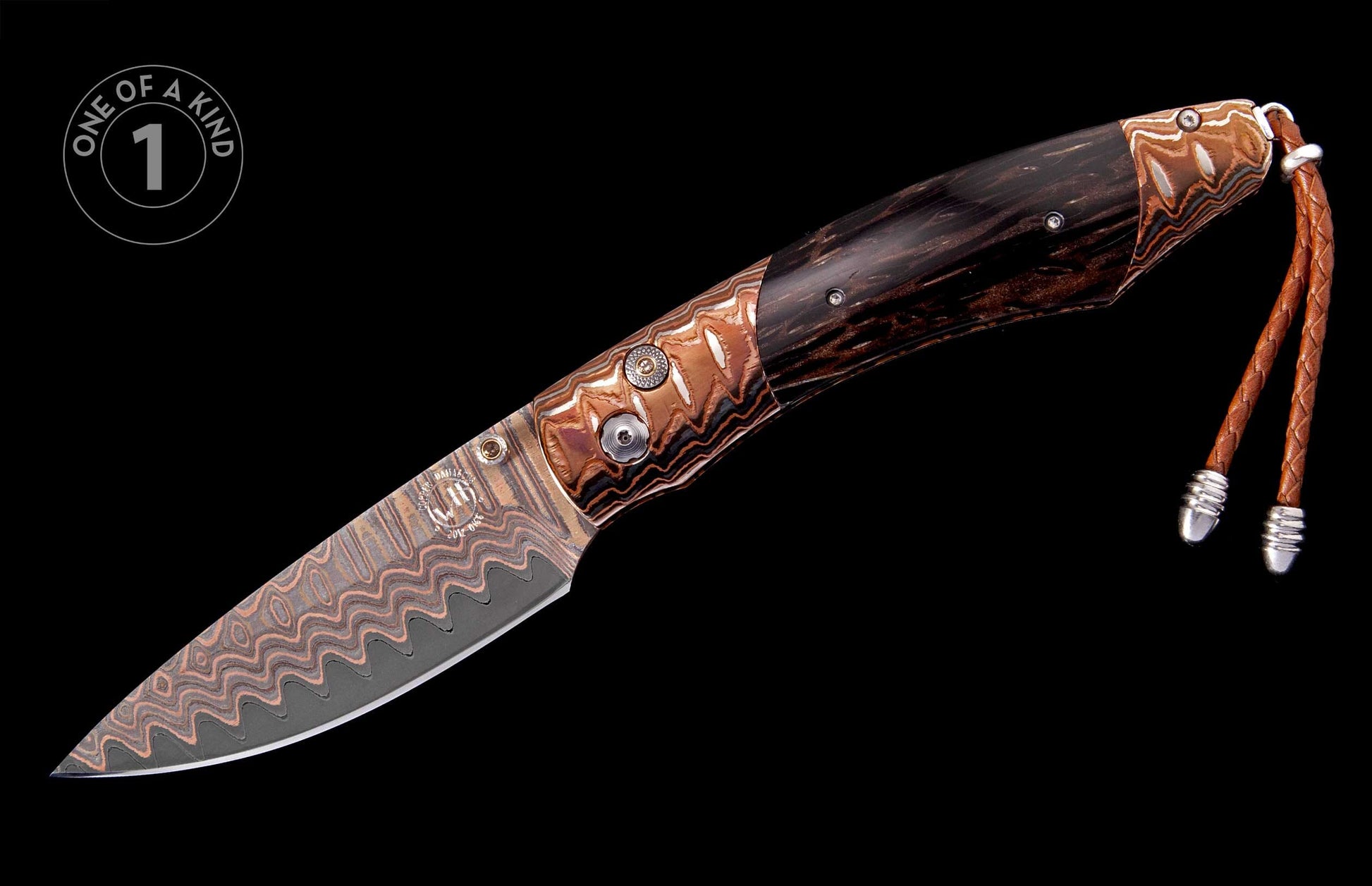 A folding knife featuring a patterned copper and dark steel Damascus blade, a textured dark wood handle, and a brown leather lanyard.