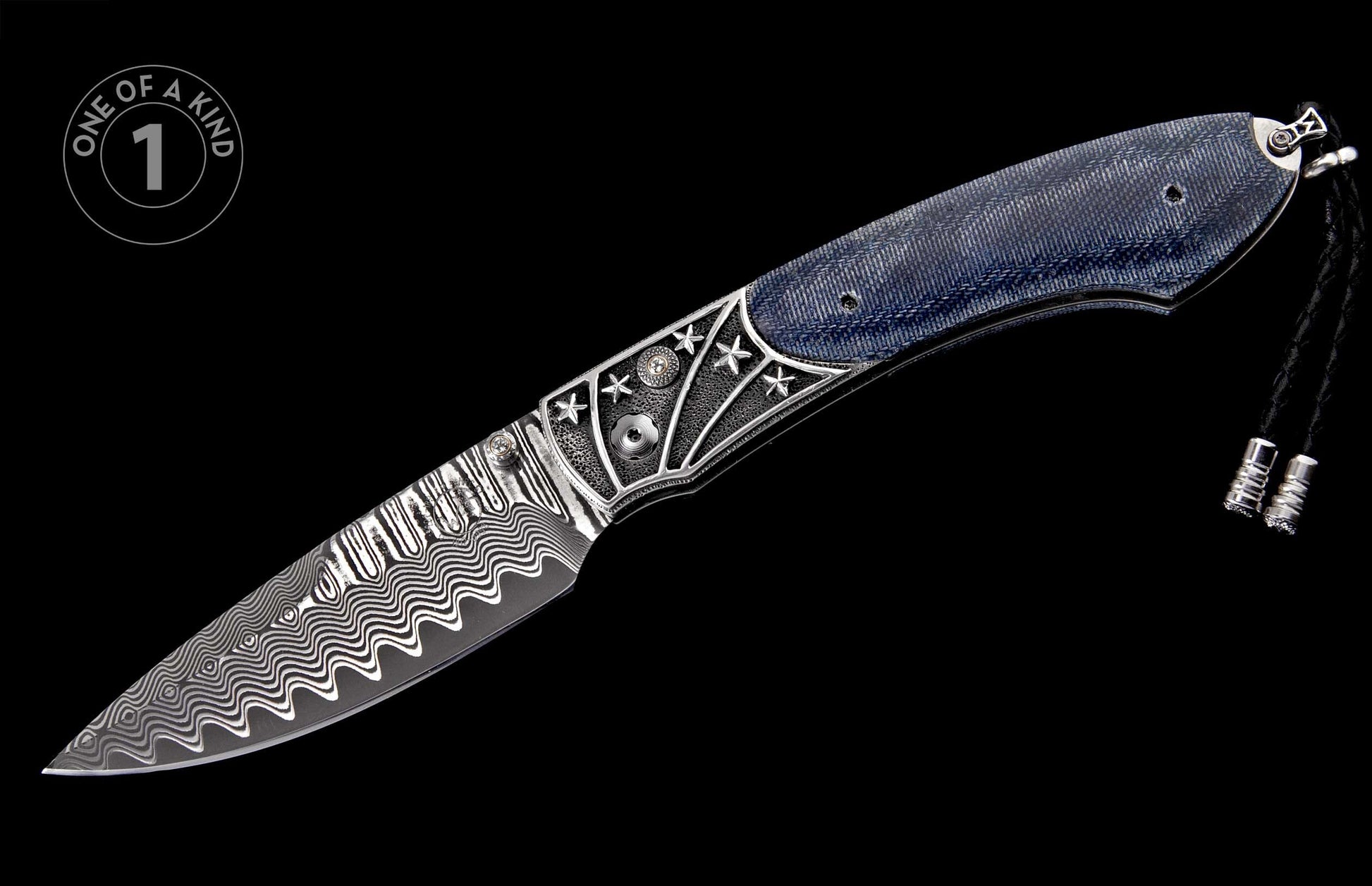 One-of-a-kind folding knife with a wavy Damascus steel blade, blue denim handle, and silver bolsters with star details, on black.