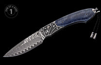 One-of-a-kind folding knife with a wavy Damascus steel blade, blue denim handle, and silver bolsters with star details, on black.