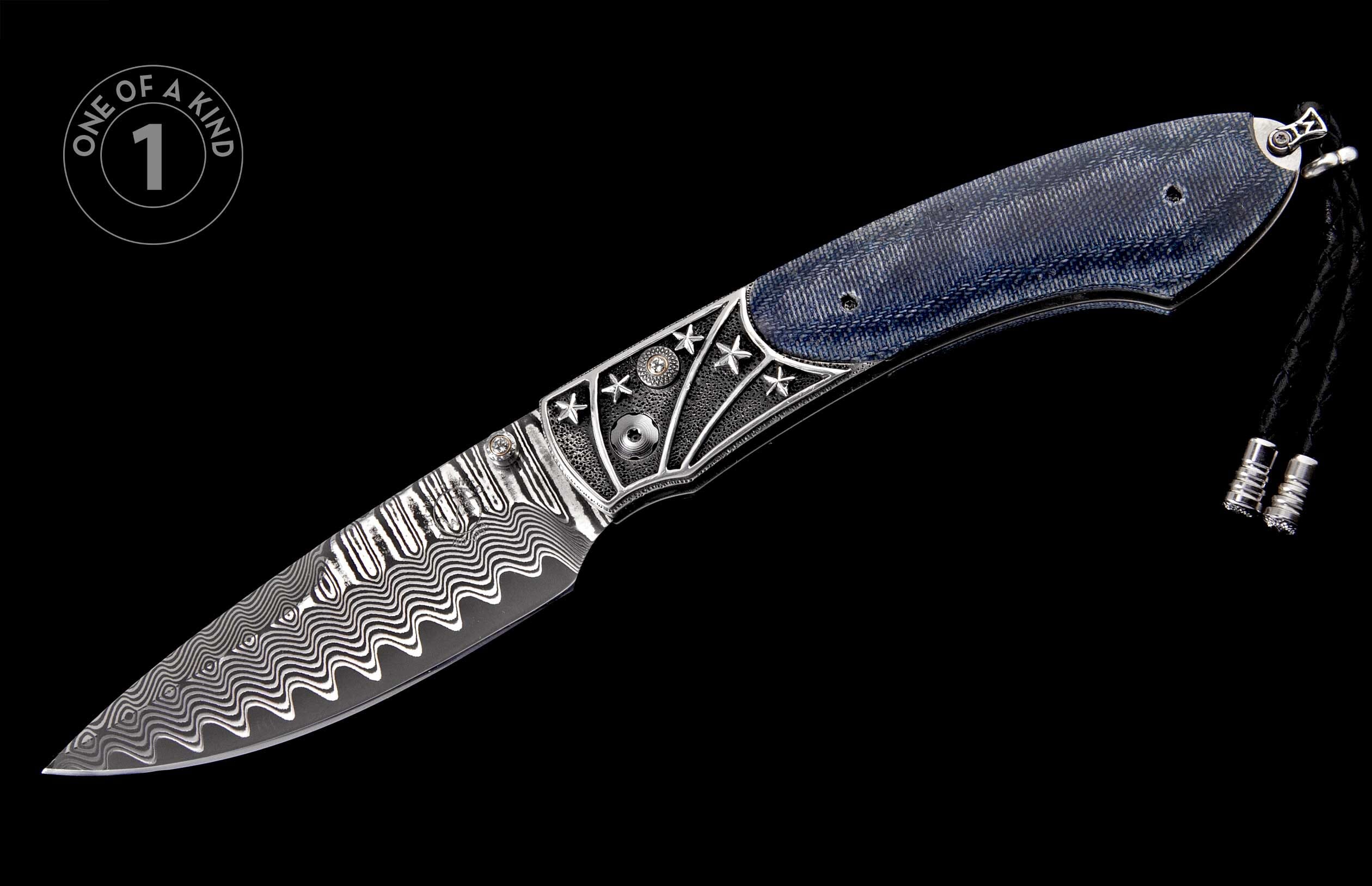 One-of-a-kind folding knife with a wavy Damascus steel blade, blue denim handle, and silver bolsters with star details, on black.