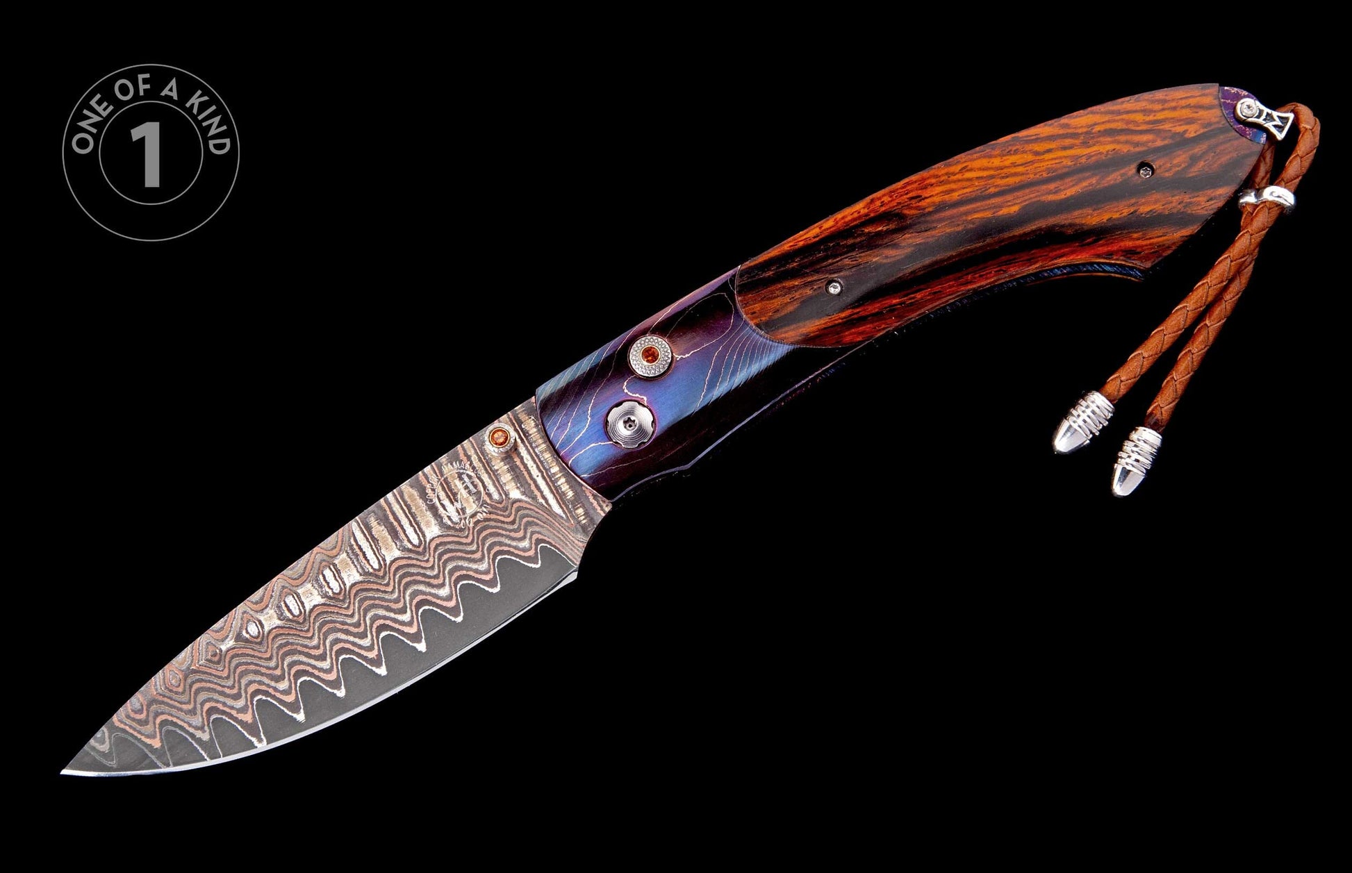 Folding knife with a wavy Damascus steel blade, iridescent blue-purple and tiger-stripe wood handle, and a brown leather lanyard.