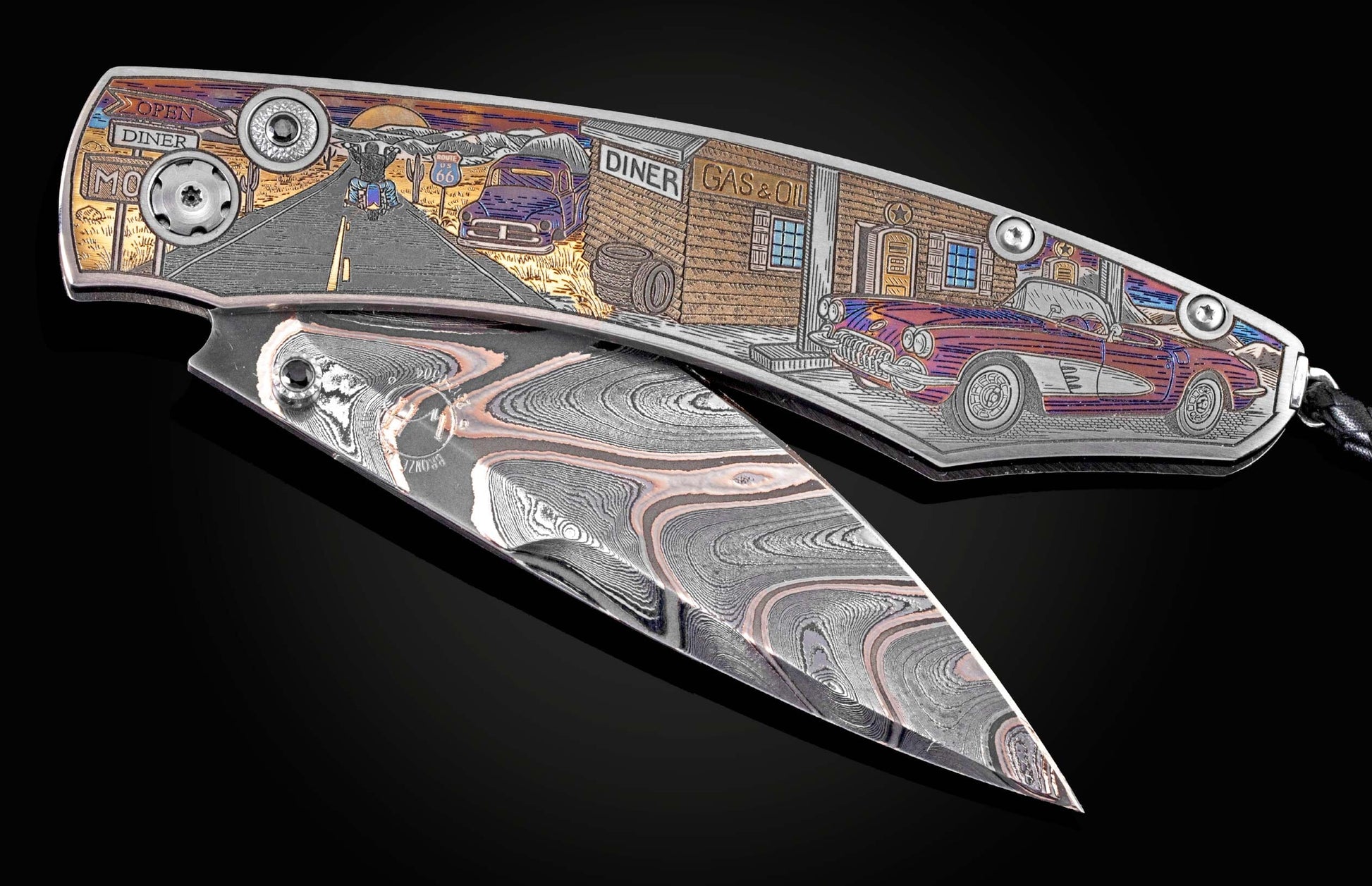 Handcrafted William Henry knife featuring color laser engraving of a classic American street scene by Bottega Incisioni, spinel gemstones and a hand-forged damascus steel blade by Baker Forge
