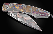 Handcrafted William Henry knife featuring color laser engraving of a classic American street scene by Bottega Incisioni, spinel gemstones and a hand-forged damascus steel blade by Baker Forge