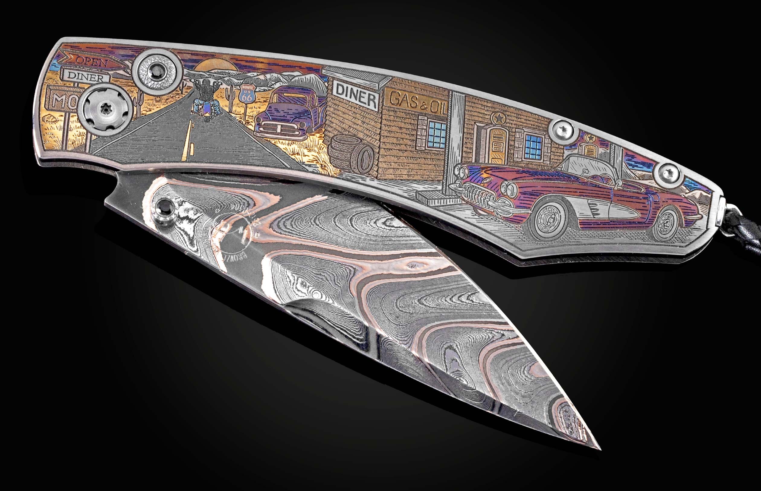 Handcrafted William Henry knife featuring color laser engraving of a classic American street scene by Bottega Incisioni, spinel gemstones and a hand-forged damascus steel blade by Baker Forge