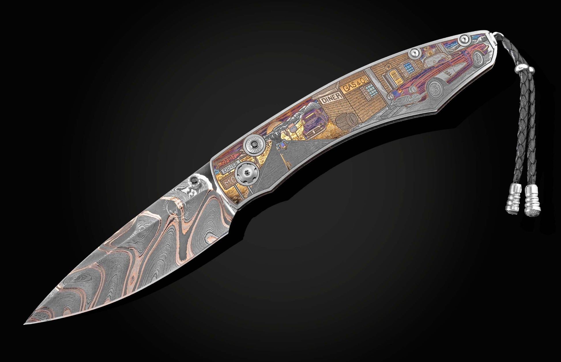 Handcrafted William Henry knife featuring color laser engraving of a classic American street scene by Bottega Incisioni