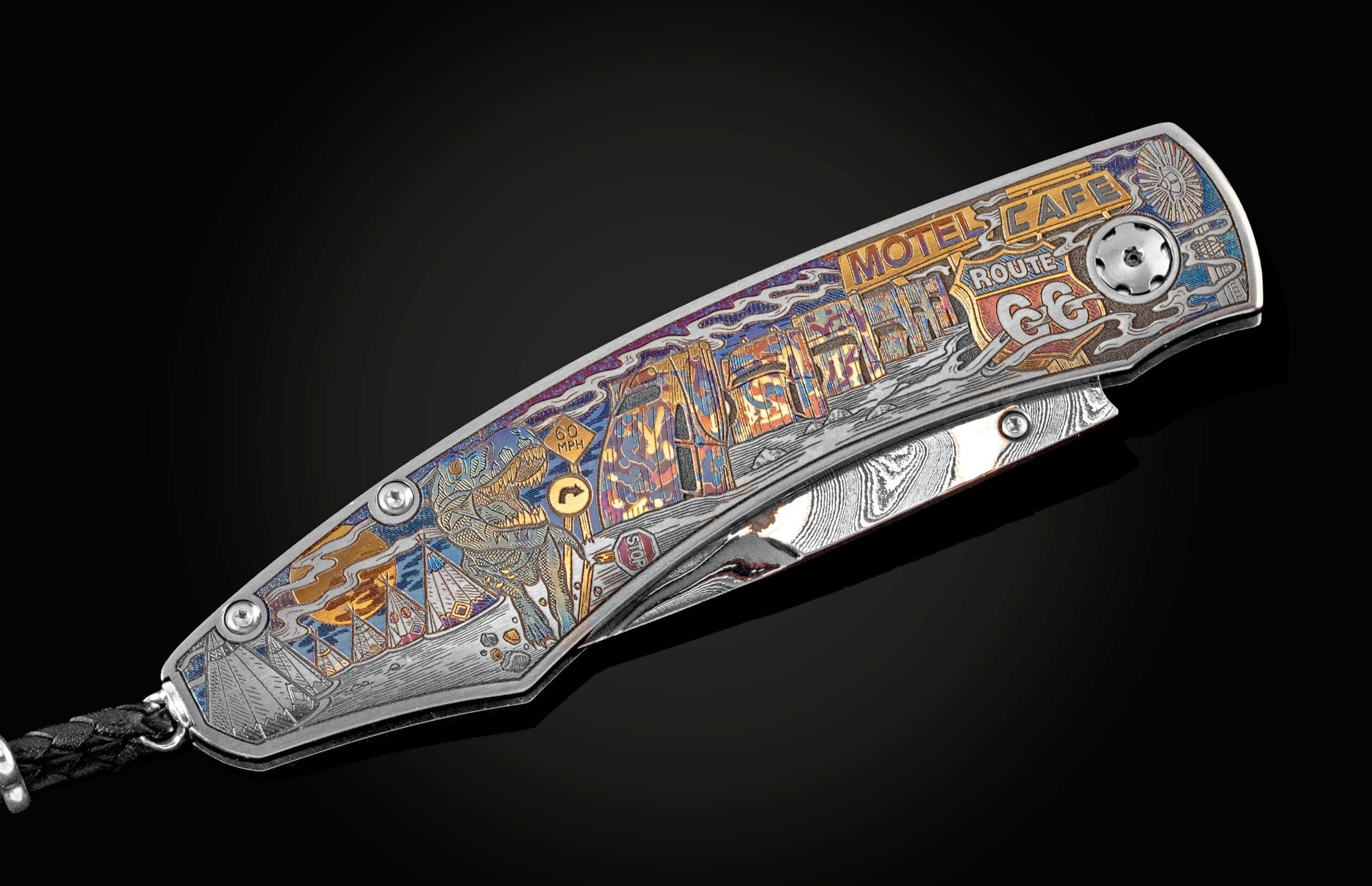  spinel gemstones and a hand-forged damascus steel blade by Baker Forge