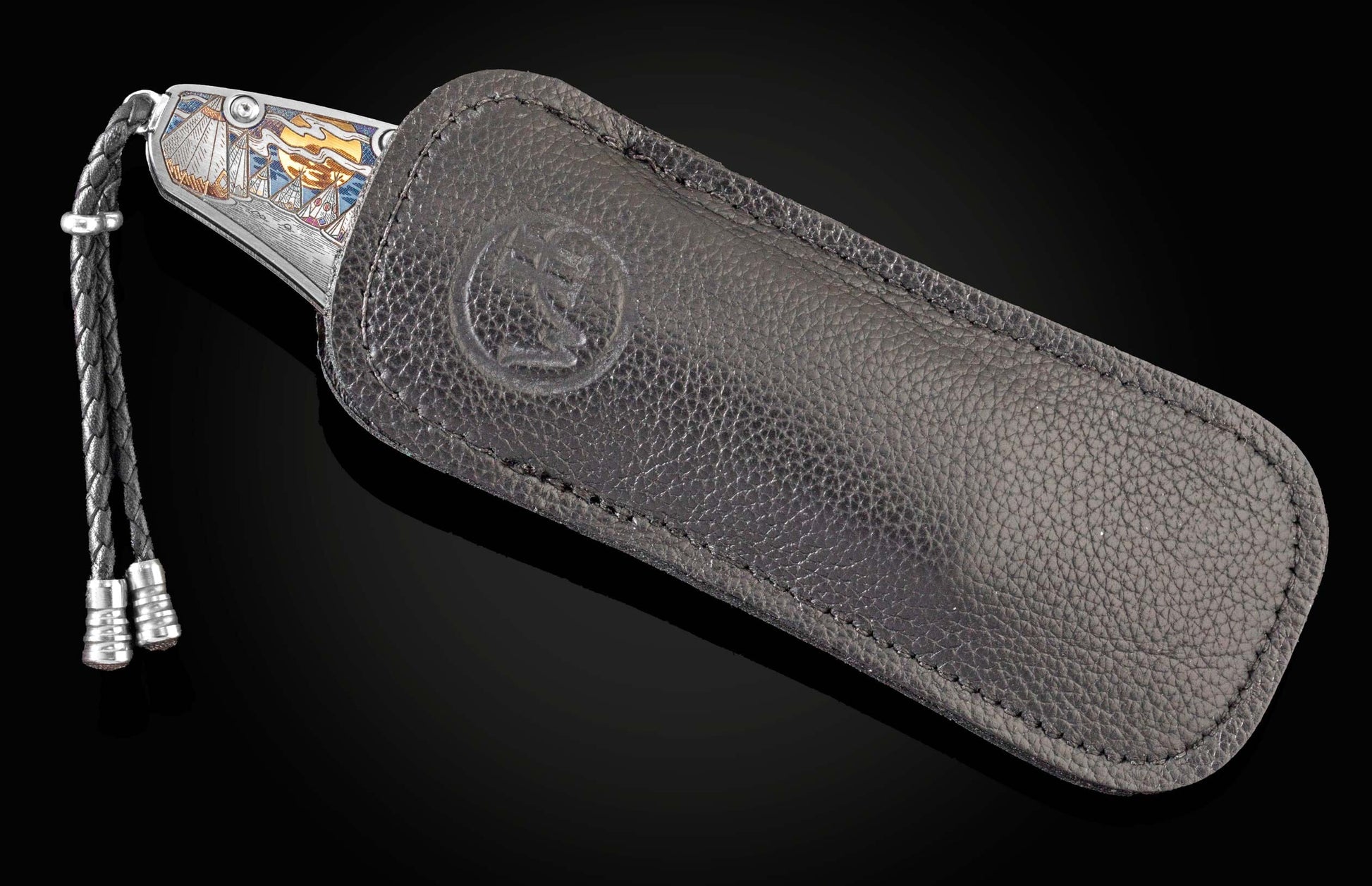 Handcrafted William Henry knife featuring color laser engraving of a classic American street scene by Bottega Incisioni