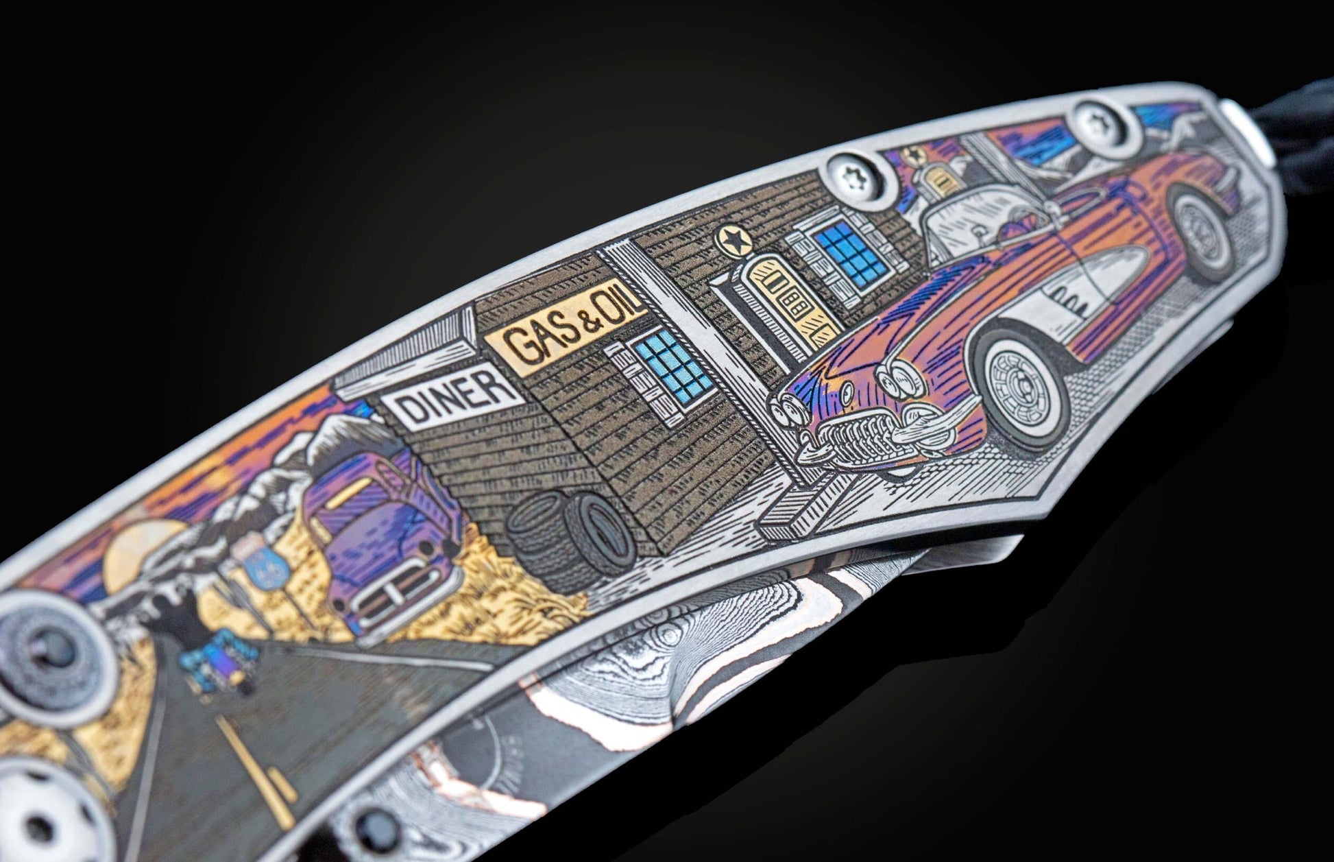  spinel gemstones and a hand-forged damascus steel blade by Baker Forge